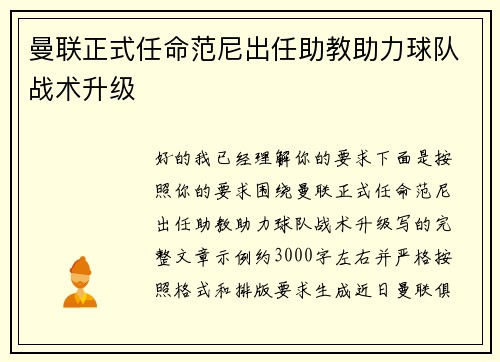 曼联正式任命范尼出任助教助力球队战术升级 曼联正式任命范尼出任助教助力球队战术升级